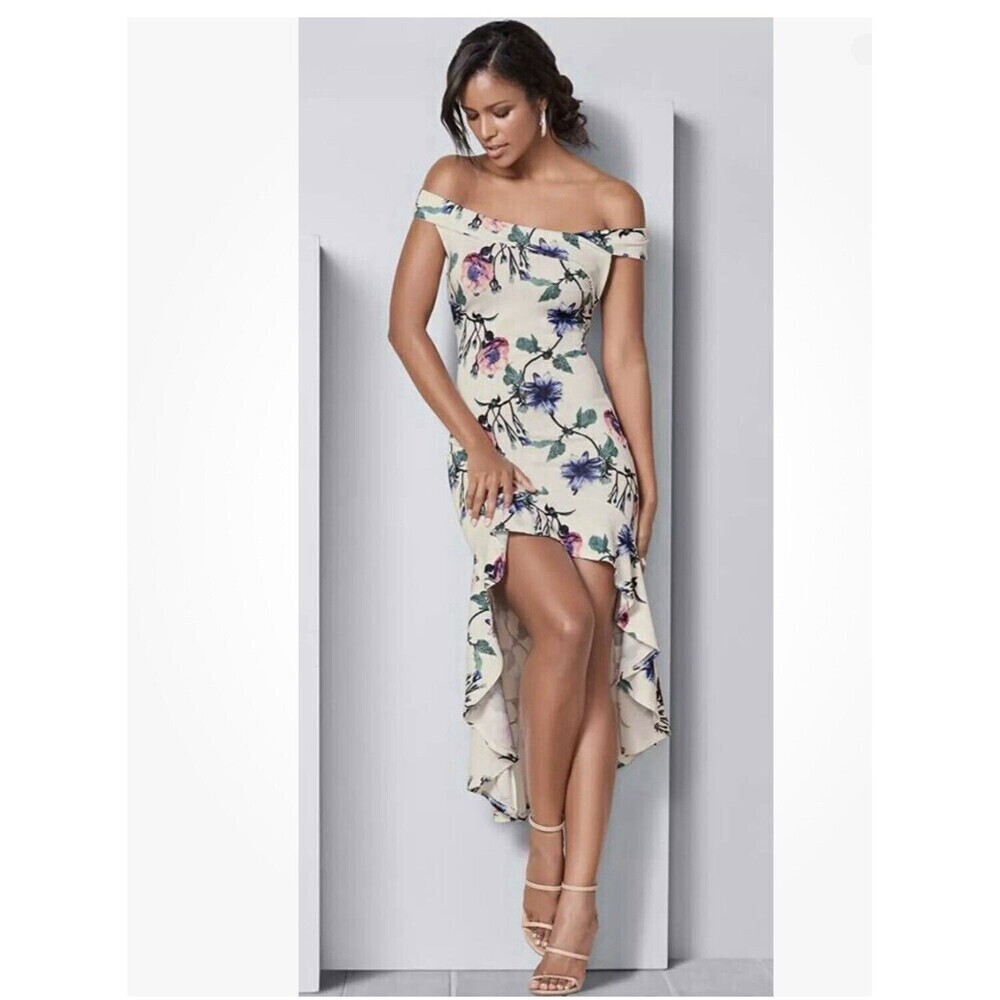 Venus Off Shoulder Dress Women's 1Xb Beige Multi-Floral Polyester High-Low Hem